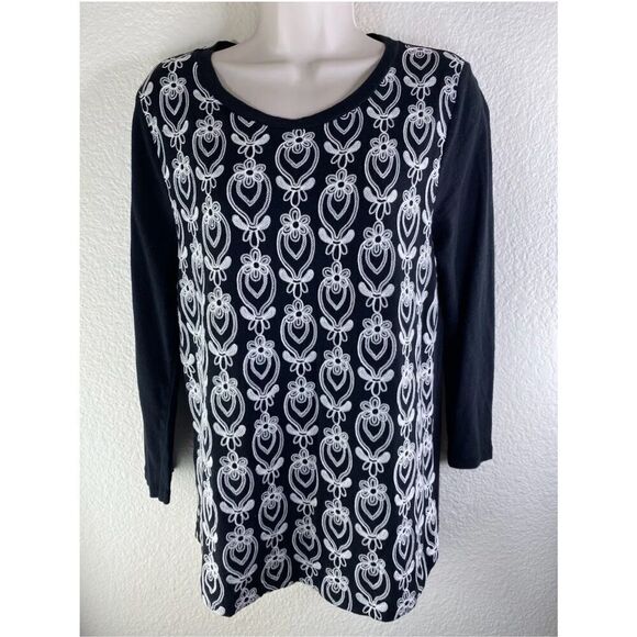 J. Crew XL Embroidered Raglan Top Black White Embroidered Florals 100% Cotton - Picture 6 of 11